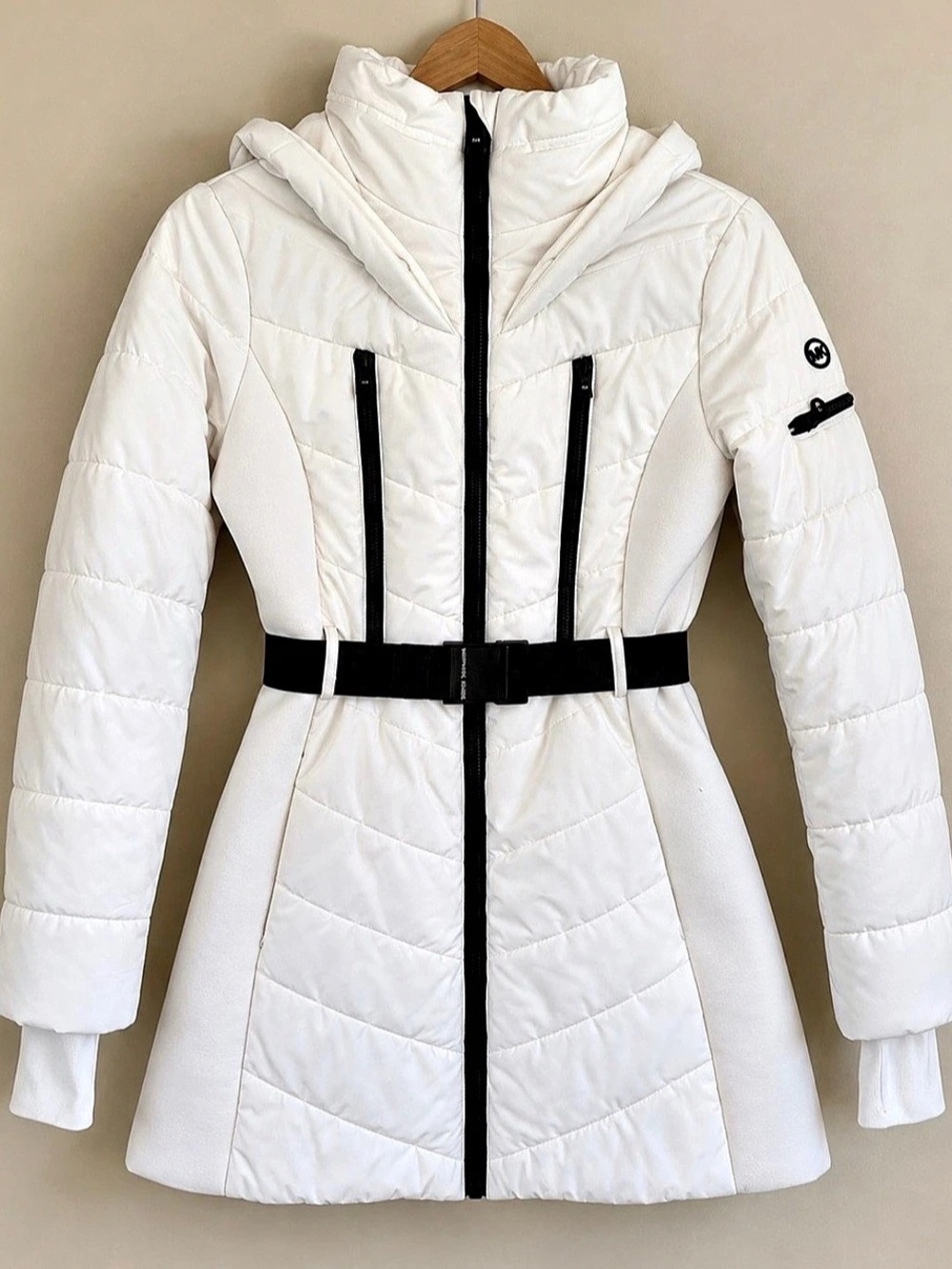 Michael Kors Belted Hooded Puffer Coat White